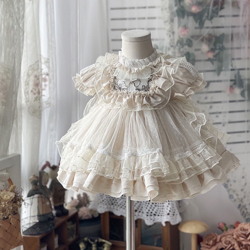 Girls' summer cream puff long-sleeved bubble dress lolita dress Princess dress wedding flower girl beige