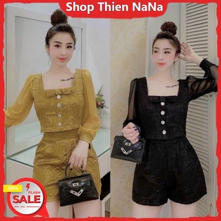 Sét bộ gấm phối voan cổ vuông áo tay dài cổ vuông nút giữa phối quần đùi mẫu mới siêu hot nha khách
