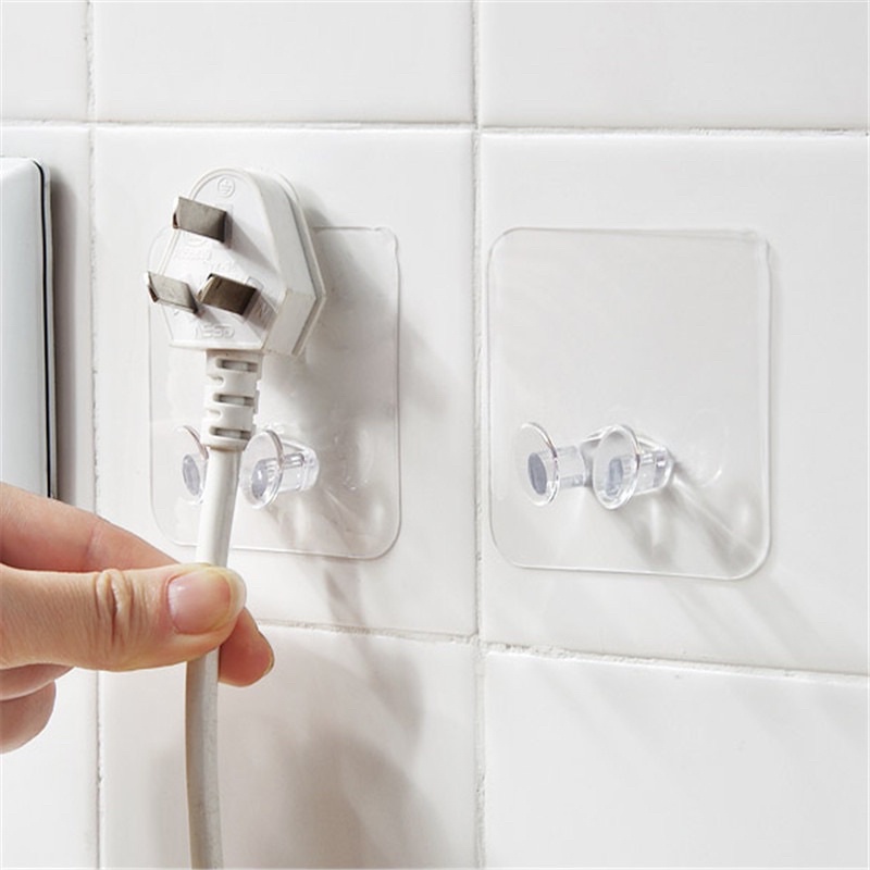 Móc Dán Tường 2 Tai Kẹp Giữ Dây Điện, Phích Cắm Điện, Đỡ Sạc Điện Thoại