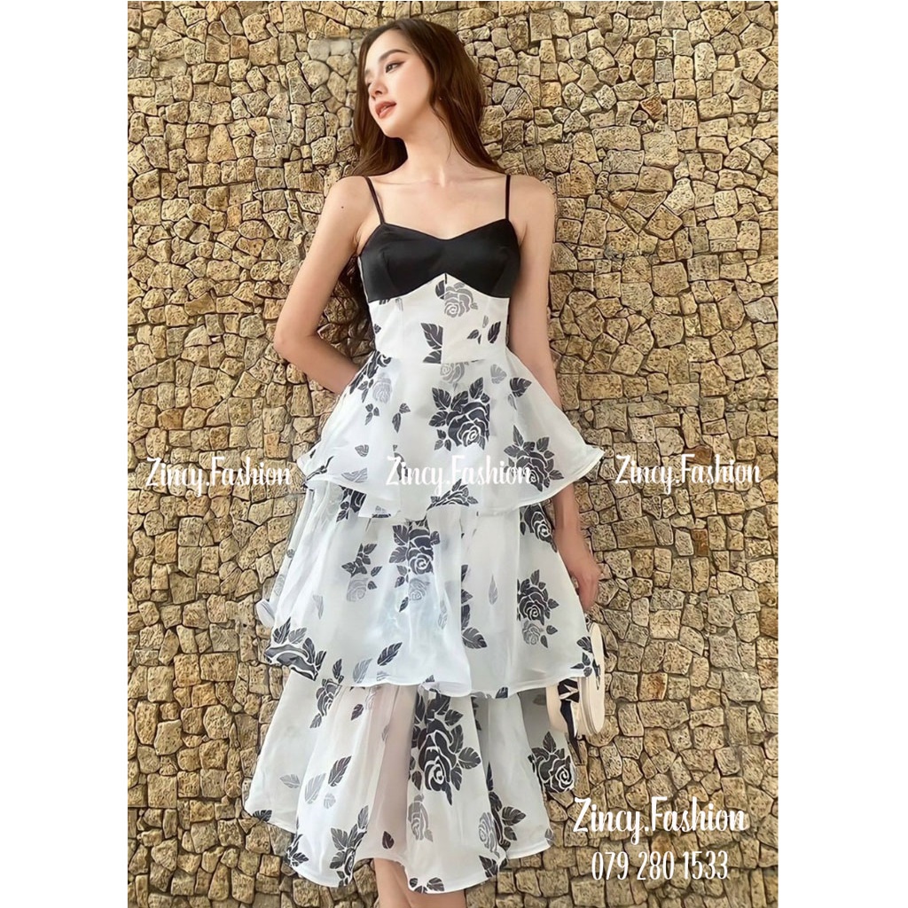 Đầm maxi 2 dây đi biển đi tiệc xoè tầng Váy hoa midi màu đen 2 lớp cao cấp ĐTANG.001