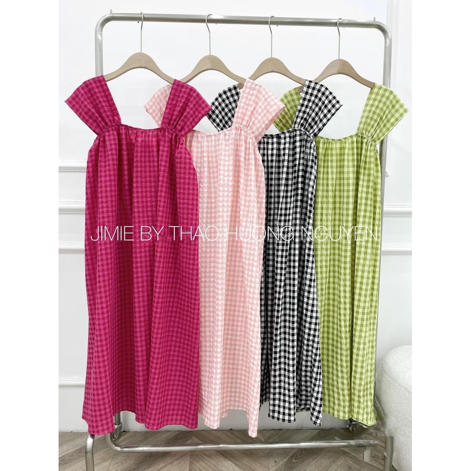 Váy bầu 2 dây bản to chất thô hàn xốp kẻ caro nhiều màu dáng xòe chun ngực dáng midi (Ảnh thật tự chụp)