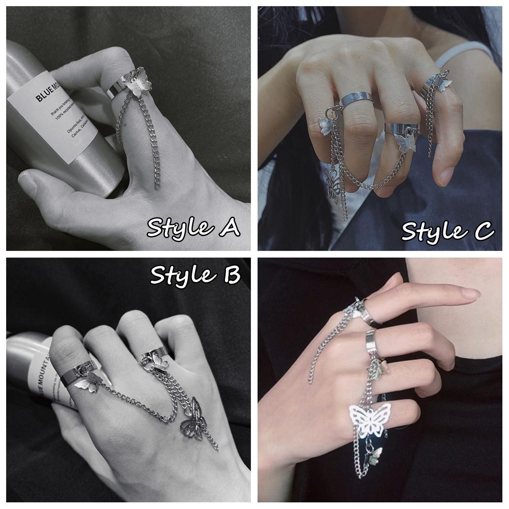 Nhẫn đeo tay 3 kiểu tùy chọn phối sợi xích và bướm phong cách harajuku cho nam và nữ