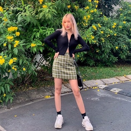 Chân váy caro nữ vải kate dáng bút chì màu xanh chuối