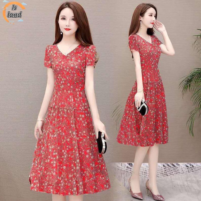 Đầm Chữ A Tay Ngắn Cổ Chữ V In Hoa Thời Trang Cho Nữ