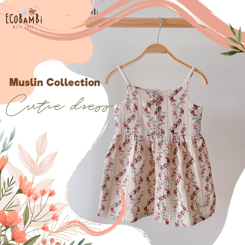 Đầm xoè 2 dây cotton muslin in hoạ tiết dễ thương cho bé gái Ecobambi