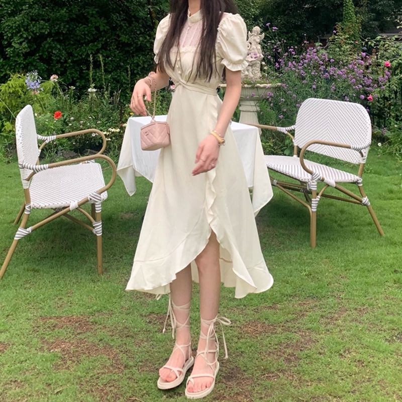 Cổ Phiếu Sẵn Sàng❣Ah F &amp; X Đầm Ren Trắng Tay Ngắn Phong Cách Cổ Điển Retro Mùa Hè