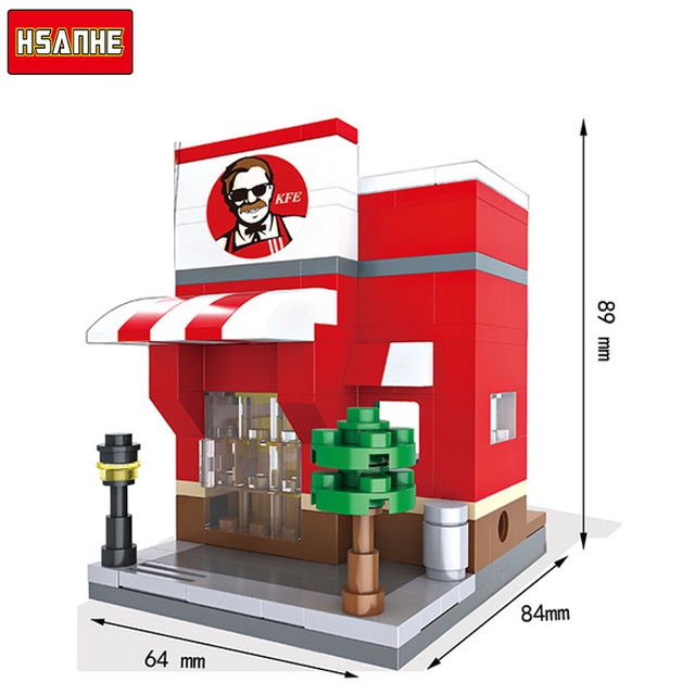 Hsanhe Mini City Chế độ xem phố Đồ ăn Kẹo Pizza Cửa hàng kem Hình khối Xây dựng Lego Món quà tương thích cho trẻ em