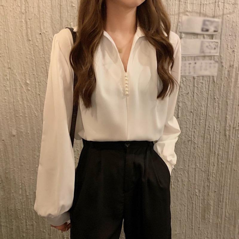 Áo Sơ Mi Nữ Tay Dài Cổ Chữ V Màu Trơn Phong Cách Hàn Quốc