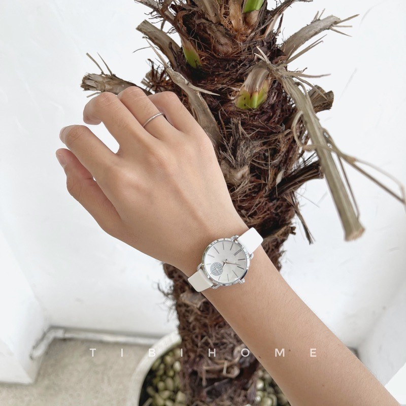 Đồng hồ dây da nữ MK2021 màu trắng sang chảnh viền bạc 28mm