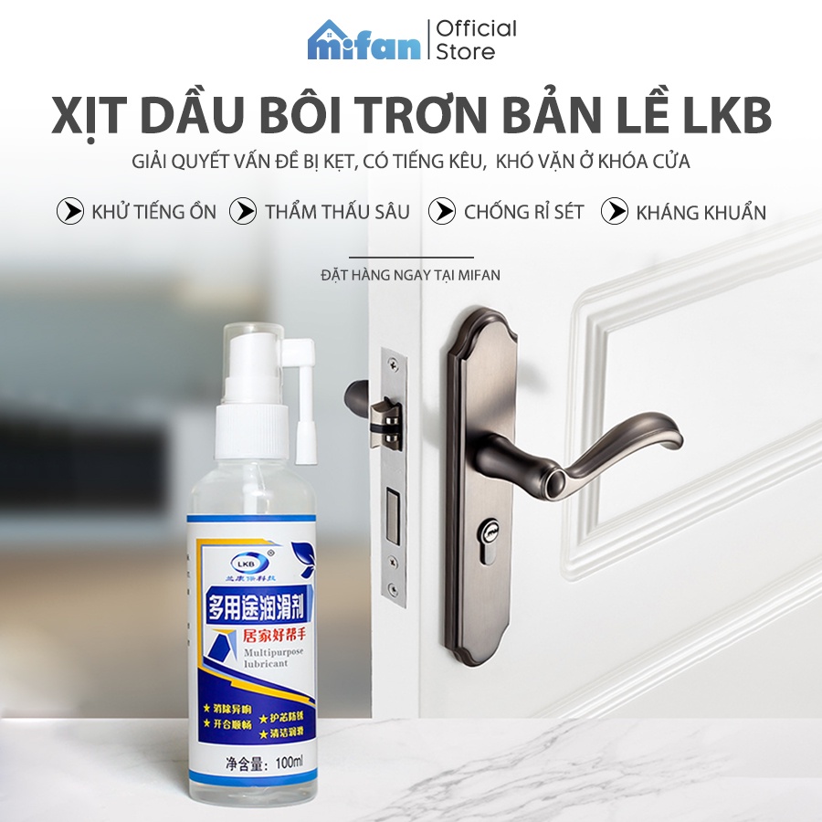 Chai Xịt Dầu Bôi Trơn Đa Năng Lkb 100ml MIFAN- Giảm tiếng ồn, ngăn chặn rỉ sét cửa, ổ khóa, bánh xe, ray trượt, khớp nối