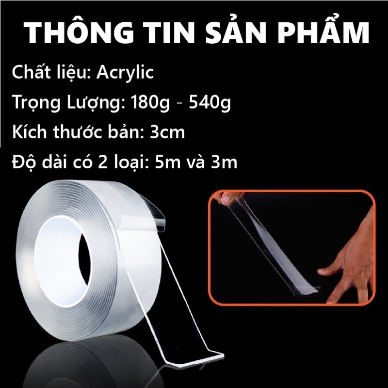 5 MÉT Băng keo trong Acrylic 2 mặt siêu dính 5 Mét,dính mọi bề mặt phẳng