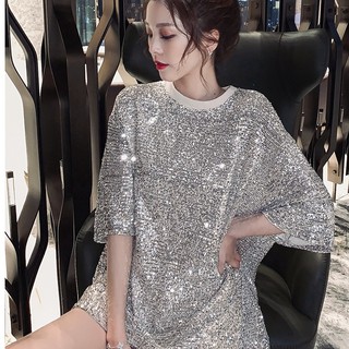 Áo Thun Tay Lỡ Đính Kim Sa Lấp Lánh Phong Cách Hàn Quốc Thời Trang Mùa Hè Cho Nữ