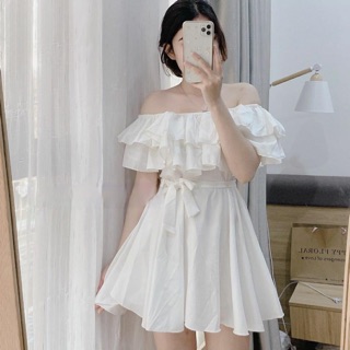 Đầm xoè bẹt vai bèo thắt nơ eo trắng, đen