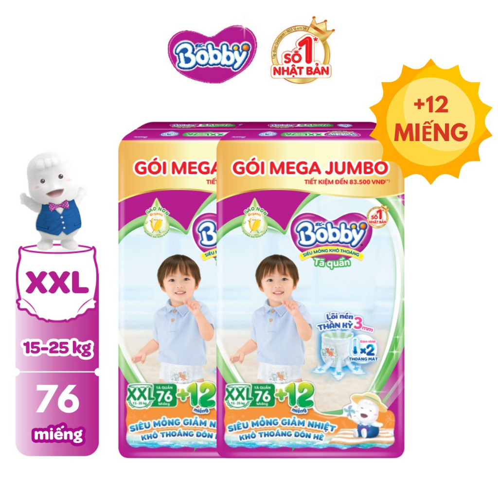 Combo 02 gói Tã quần Bobby 3mm Gạo non Giảm nhiệt Mega Jumbo M112+12/L96+12/XL84+12/XXL76+12