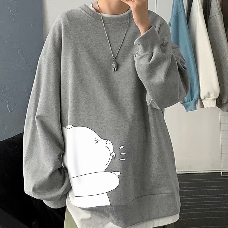 Áo sweater dáng rộng 45kg-110kg dài tay cổ tròn in hình gấu phối nhung nhiều màu cho nam nữ