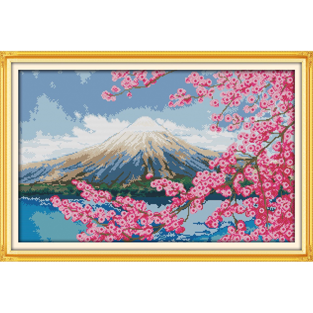 Tranh thêu chữ thập hình phong cảnh núi Phú Sĩ tinh tế