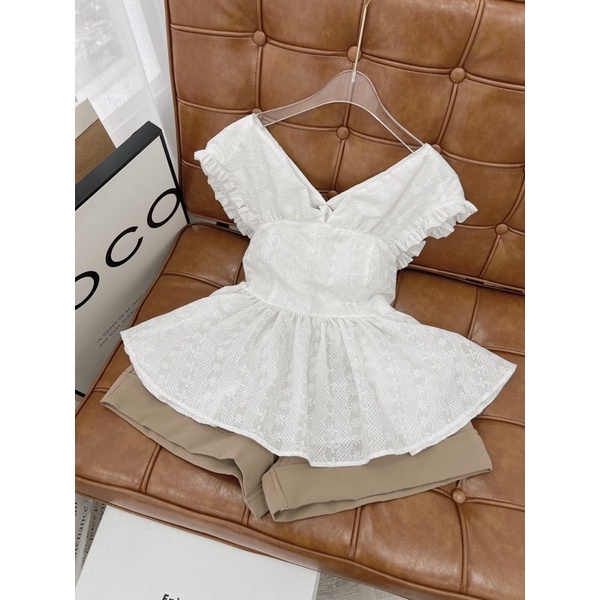 SET ÁO XÔ TAY TIÊN PEPLUM BÈO + QUẦN SHORT NÂU