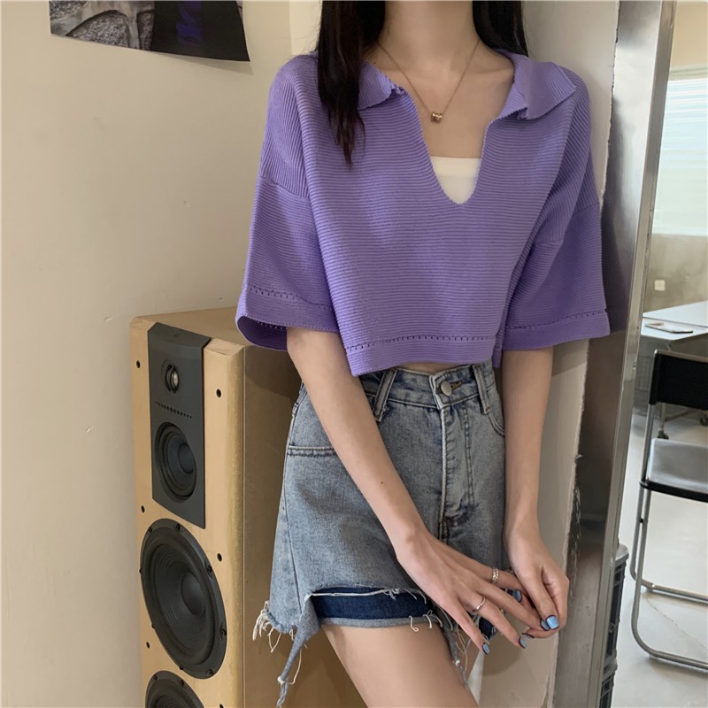 Áo croptop cổ V dáng rộng Leeva Shop phối cá tính A142