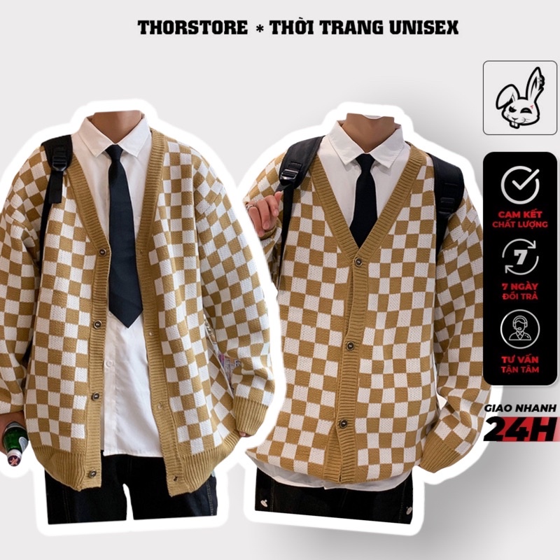 Áo khoác cardigan len,hoạ tiết caro màu nâu