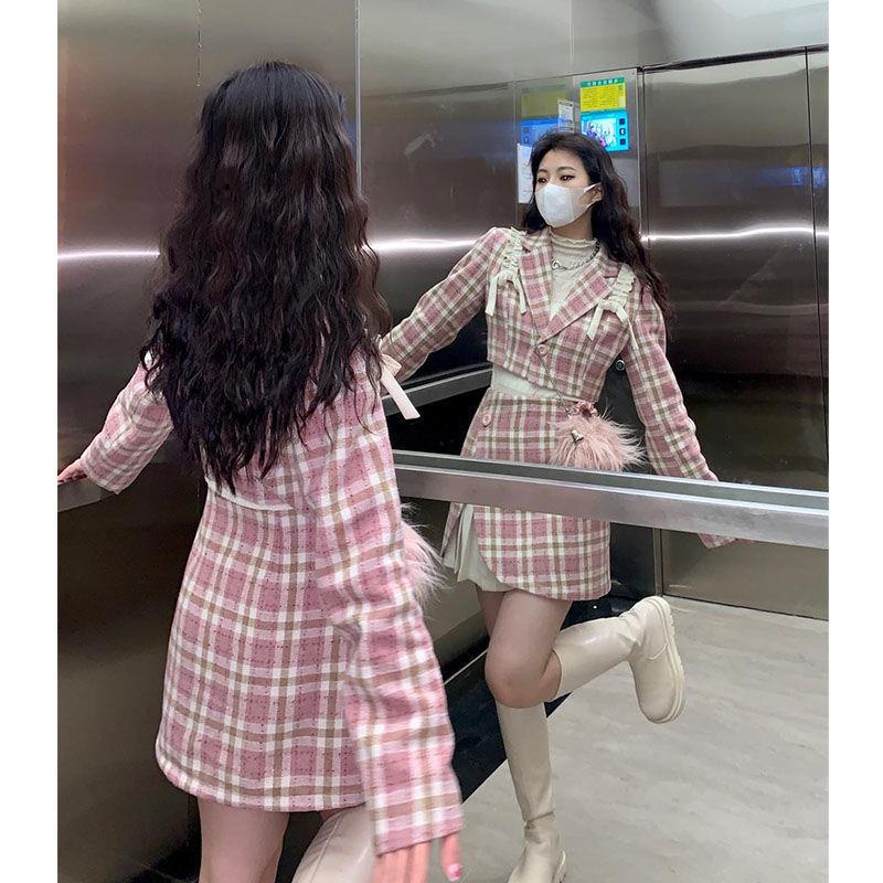 Set Áo Khoác Vest Kẻ Sọc Caro Hồng + Chân Váy Len Xếp Ly Thời Trang Cho Nữ