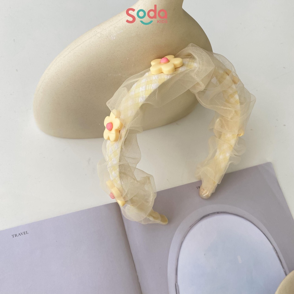 Bờm tóc bé gái SODA KIDS họa tiết caro phối voan đính hoa xinh xắn, phong cách tiểu thư