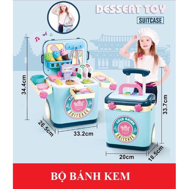 Đồ chơi vali balo trang điểm,bán kem bánh kẹo bác sĩ 2in 1 cho bé