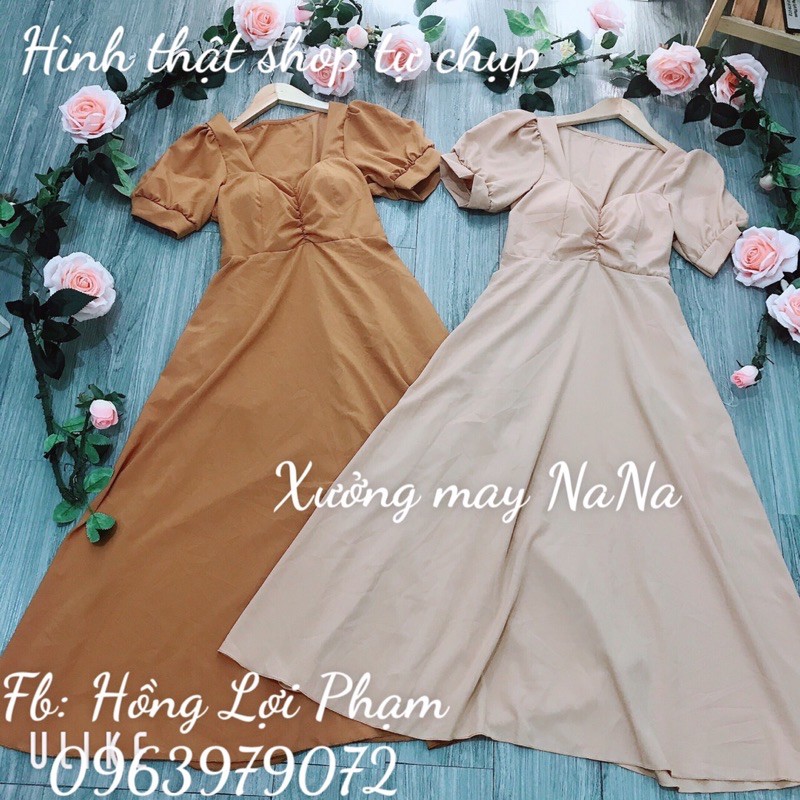 Đầm váy maxi tay phồng nhún có mút ngực