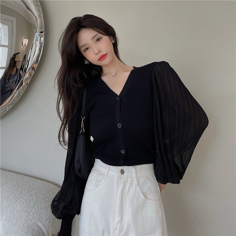 QKOOLE  Áo khoác cardigan dệt kim tay phồng dáng rộng phong cách Hàn Quốc thời trang cho nữ