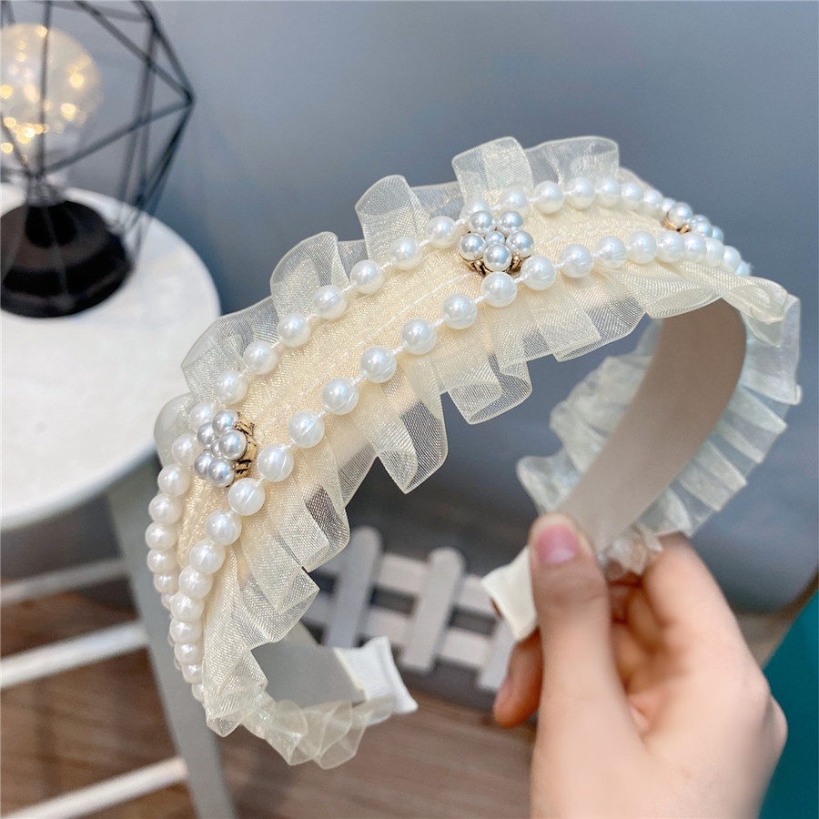 Băng đô bản rộng phối ren đính ngọc trai nhân tạo phong cách Hàn Quốc