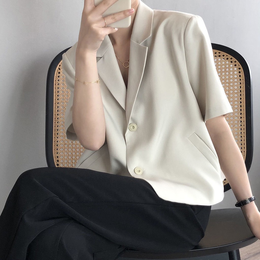 Áo blazer vest nữ ngắn tay form suông vải mịn Hàn Quốc