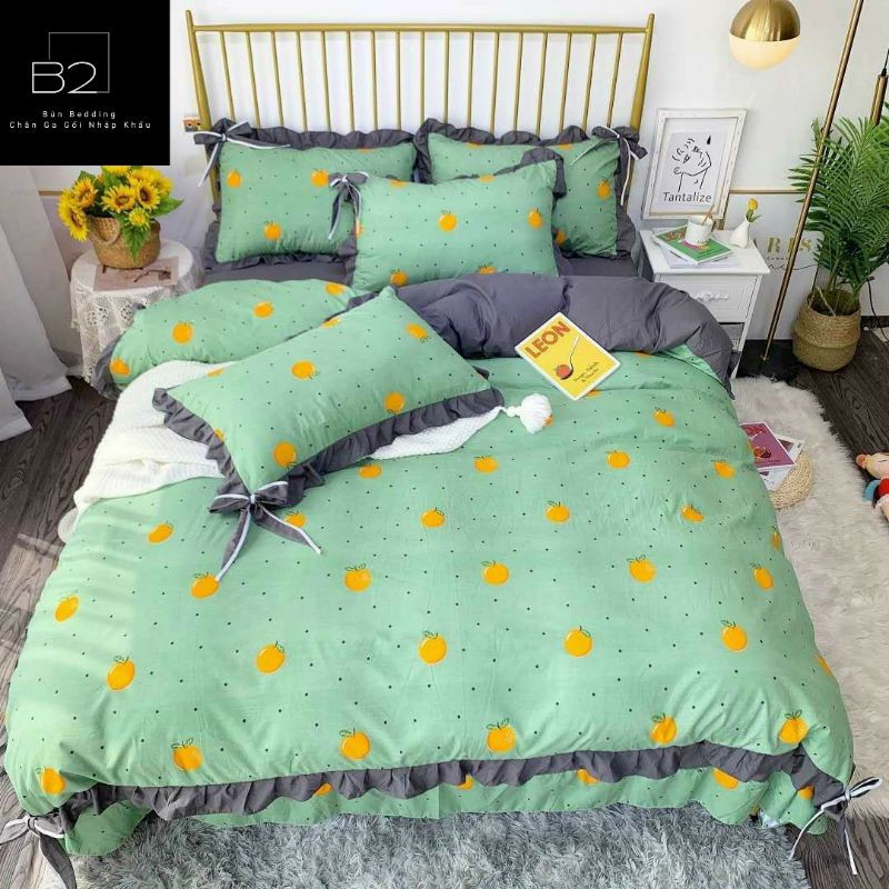 Bộ Chăn Ga Gối Chất Liệu Cotton Silk Bèo Nơ Cute Nhập Khẩu 4 Món - loại 1