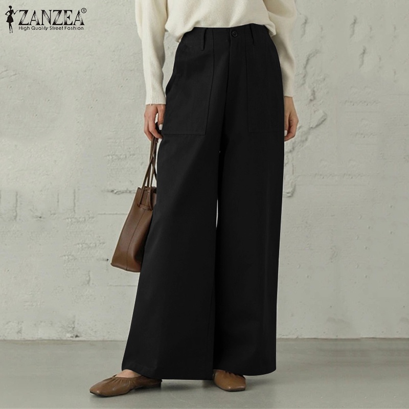 Quần dài ống rộng ZANZEA lưng thun màu trơn thời trang thanh lịch cho nữ