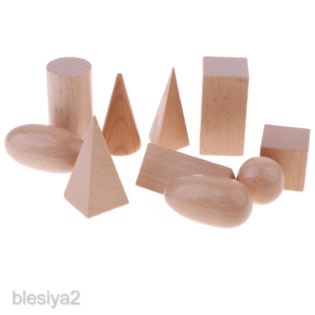 [BLESIYA2] Set of 10 Wooden Geometric Solids Math Montessori Educational Toys for Kids