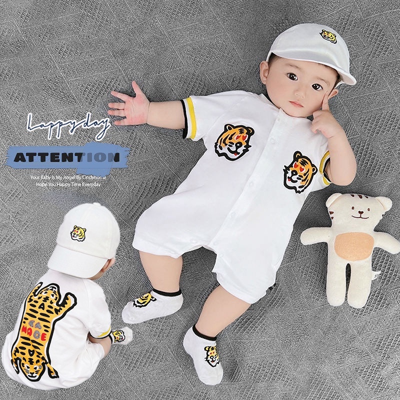 Bộ Áo Liền Quần Tay Ngắn Liền Quần Vải Cotton Mỏng In Hoạt Hình Kèm Mũ Thời Trang Mùa Hè Cho Bé