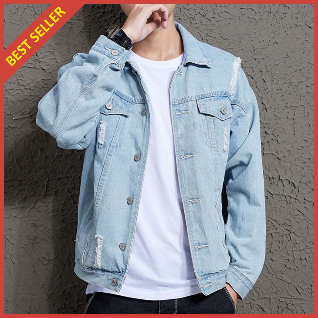 Áo Khoác Jean Nam Xanh Nhạt Rách Vai Phong Cách Trẻ Trung Năng Động CBS900