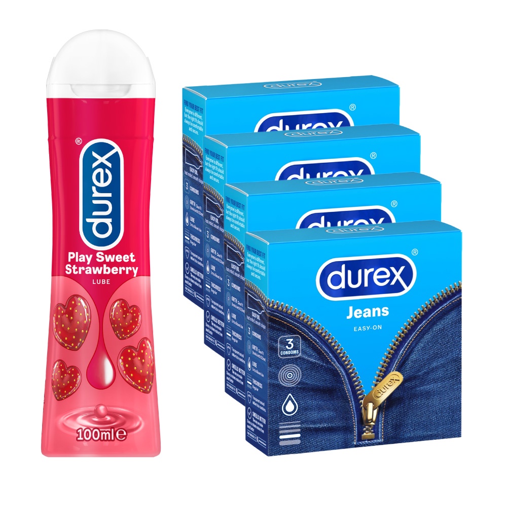 Bộ 4 hộp bao cao su Durex Jeans cơ bản (52.5mm, 3 bao/hộp) và 1 gel bôi trơn Durex Strawberry hương dâu 100ml/chai