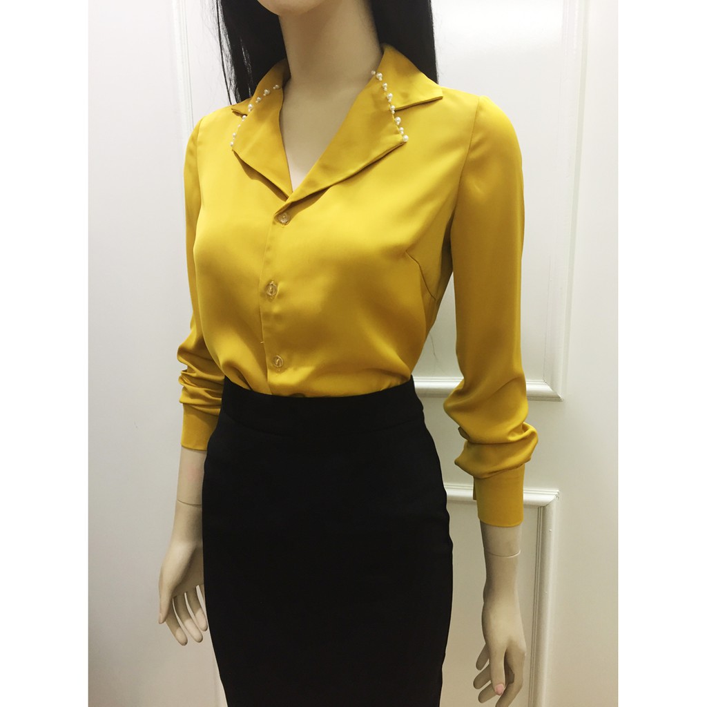 Áo Sơ Mi Nữ 💖𝑭𝒓𝒆𝒆𝒔𝒉𝒊𝒑💖 Áo Cổ Vest Nữ Công Sở Màu Vàng, Đen, Trắng | BigBuy360 - bigbuy360.vn