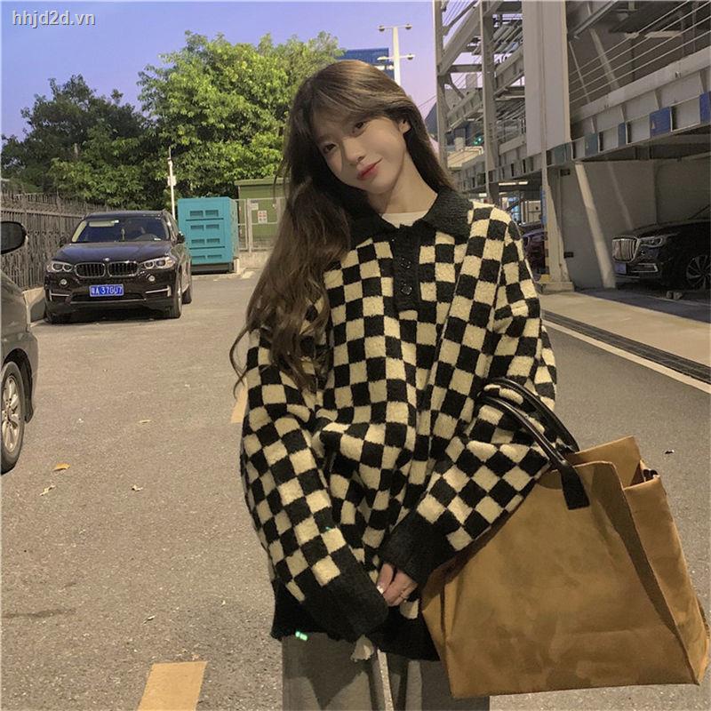 Áo sweater dệt kim cổ POLO dáng rộng in họa tiết kẻ ô phong cách retro Hong Kong thời trang thu đông Hàn Quốc 7 ngày cho nữ | BigBuy360 - bigbuy360.vn