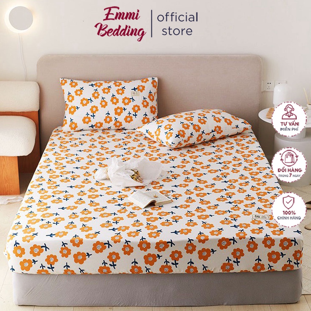 Bộ ga giường EmmiBedding Store 100 % cotton, bộ ga chun và 2 vỏ gối miễn phí bo chun