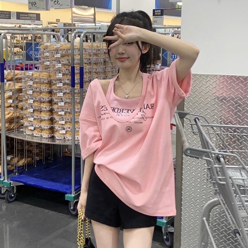 Áo Thun Ngắn Tay Giả Hai Lớp Phong Cách Trẻ Trung Dành Cho Nữ