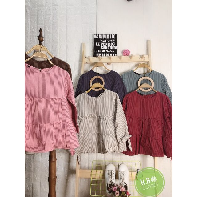 Áo babydoll kẻ sọc tay lỡ vintage ảnh thật
