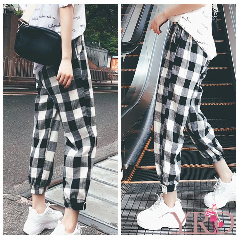 Quần dài dây rút họa tiết ca rô trắng đen thời trang cho nữ | BigBuy360 - bigbuy360.vn