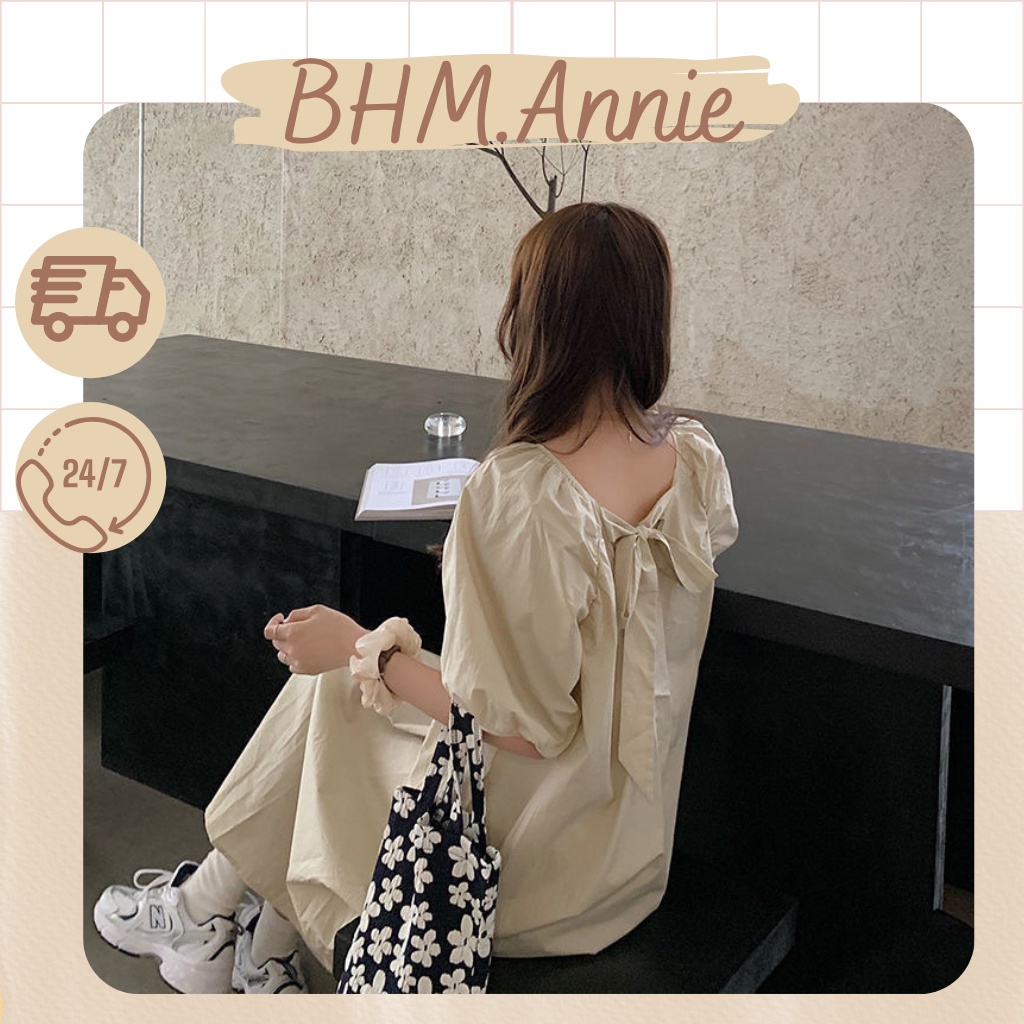 Váy babydoll dáng dài tay phồng, váy suông dáng dài cột nơ lưng hàn quốc - BHM.Annie