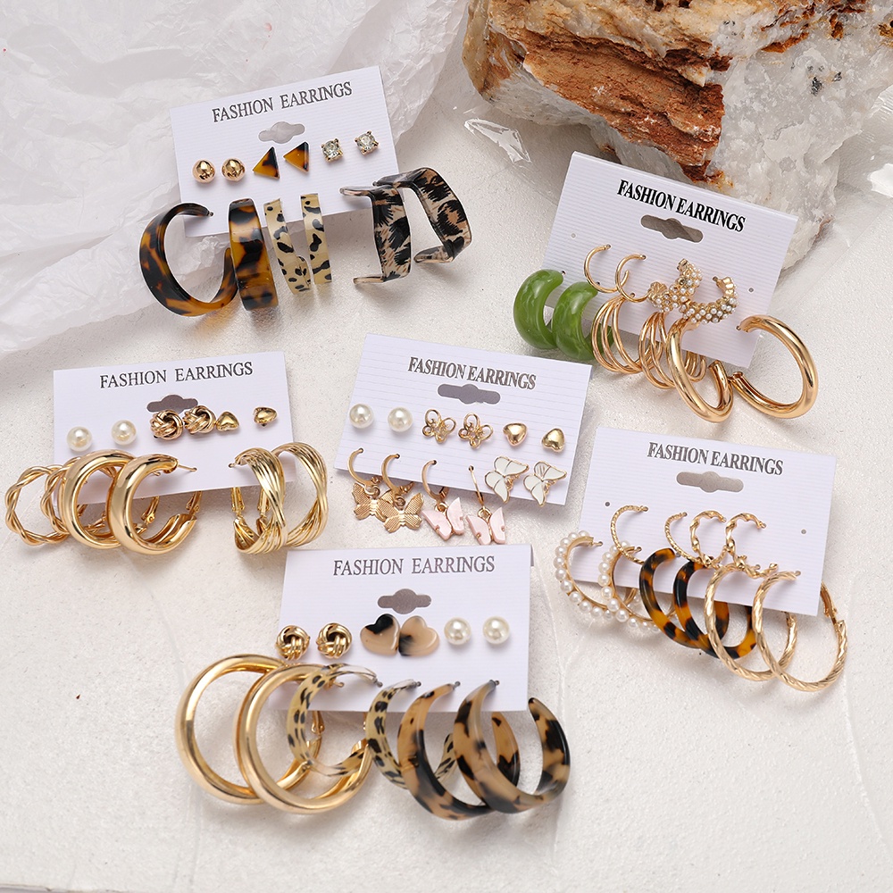 Set 12 bông tai nhiều hình dạng đính ngọc trai sang trọng