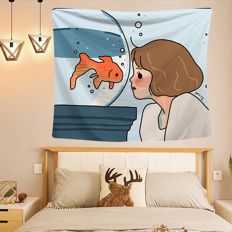 Tranh vải treo tường decor phòng ngủ phong cách Hàn Quốc in 3D hình cô gái dễ thương, chất liệu mịn không phai màu