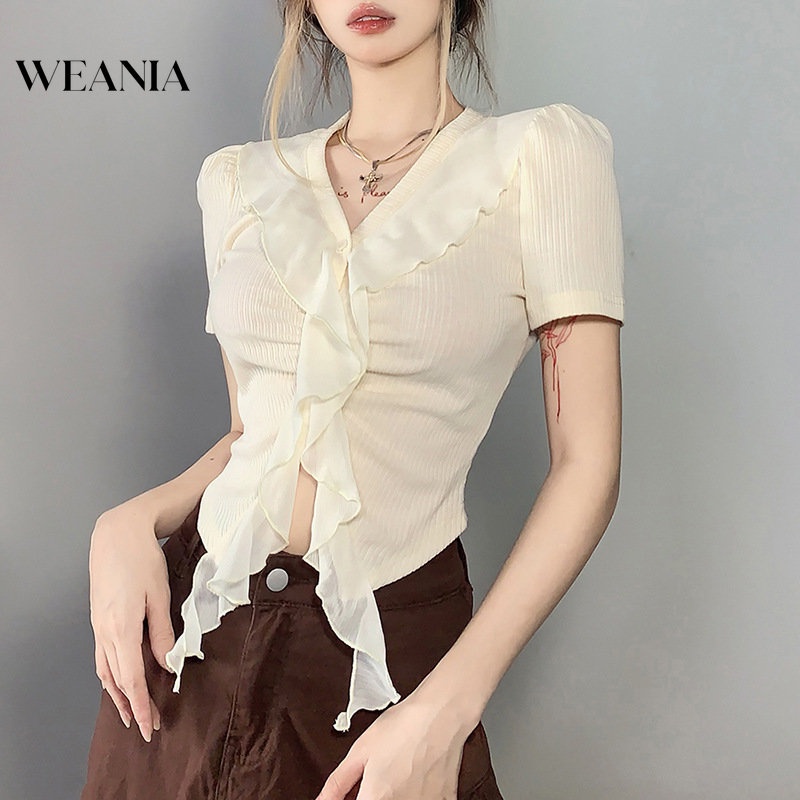 Áo Thun Ngắn Tay Phối Bèo Thời Trang Cho Nữ