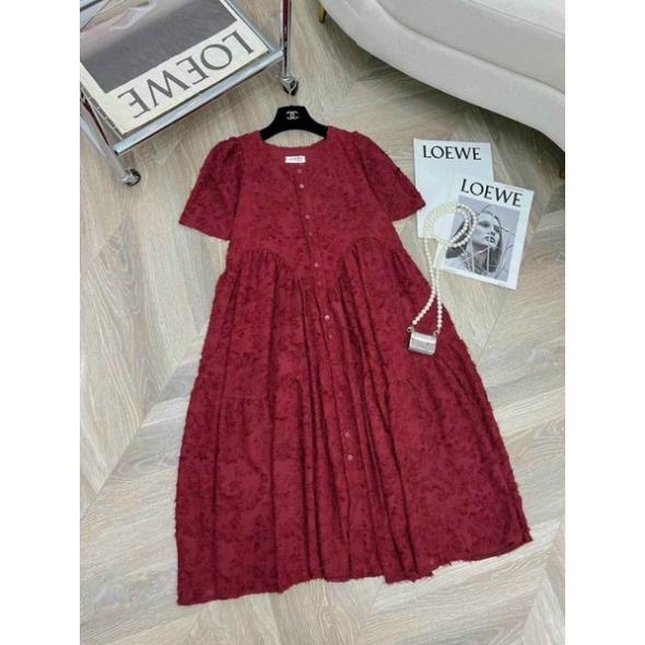 Đầm babydoll phối nút chất ren pha lông mịn siêu xinh, váy dáng bầu phối khuy