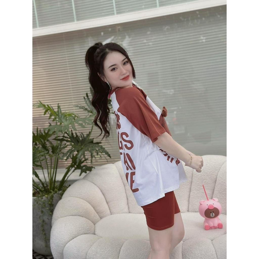 Set bộ nữ dễ thương với set 2 món quần đùi lengging kèm áo thun form rộng cổ tròn in gấu