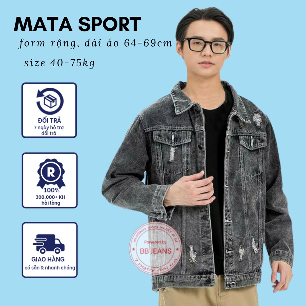 Ao khoác jean đen nam form đứng - form dài áo khoác jean nam màu xám cắt rách size 40-75kg