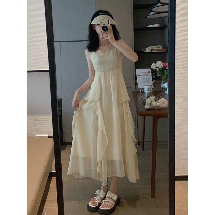 Đầm Dây Cho Nữ Đầm Dây Ngọt Ngào Sữa Retro Kiểu Pháp Đầm Ôm Eo